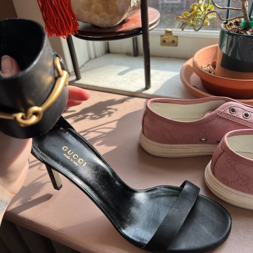 Gucci Ursula Leather Horse Bit Ankle Strap Heels